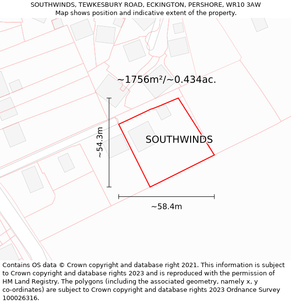 SOUTHWINDS, TEWKESBURY ROAD, ECKINGTON, PERSHORE, WR10 3AW: Plot and title map