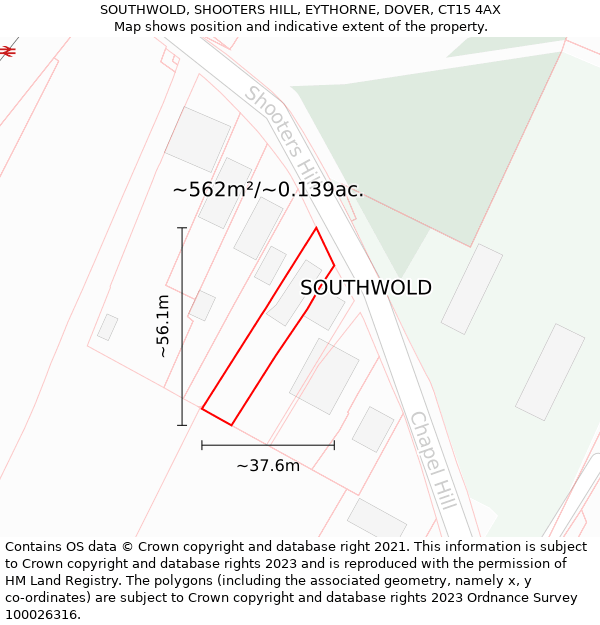 SOUTHWOLD, SHOOTERS HILL, EYTHORNE, DOVER, CT15 4AX: Plot and title map