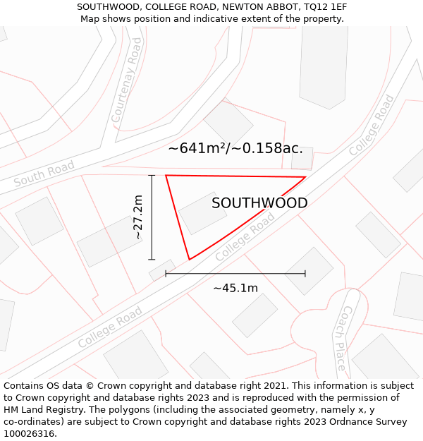 SOUTHWOOD, COLLEGE ROAD, NEWTON ABBOT, TQ12 1EF: Plot and title map
