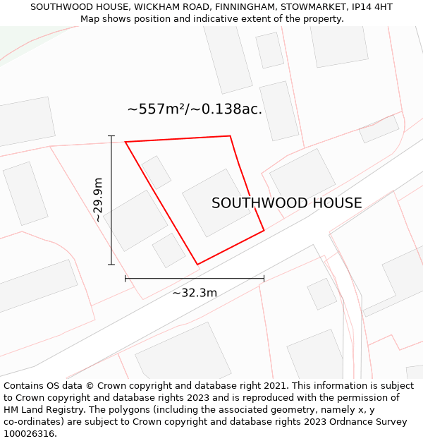 SOUTHWOOD HOUSE, WICKHAM ROAD, FINNINGHAM, STOWMARKET, IP14 4HT: Plot and title map