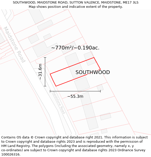 SOUTHWOOD, MAIDSTONE ROAD, SUTTON VALENCE, MAIDSTONE, ME17 3LS: Plot and title map