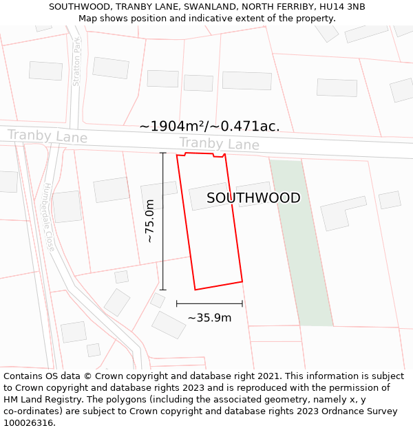 SOUTHWOOD, TRANBY LANE, SWANLAND, NORTH FERRIBY, HU14 3NB: Plot and title map