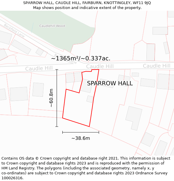 SPARROW HALL, CAUDLE HILL, FAIRBURN, KNOTTINGLEY, WF11 9JQ: Plot and title map