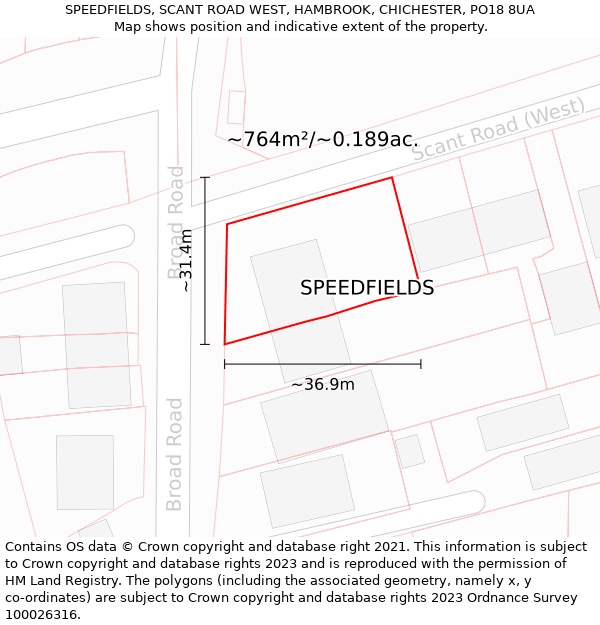 SPEEDFIELDS, SCANT ROAD WEST, HAMBROOK, CHICHESTER, PO18 8UA: Plot and title map