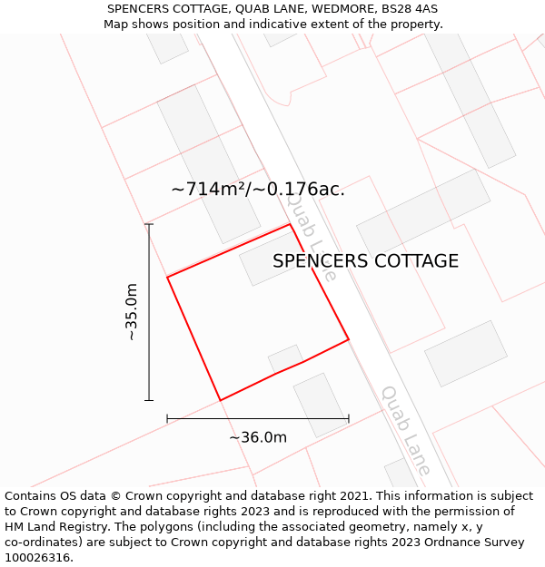SPENCERS COTTAGE, QUAB LANE, WEDMORE, BS28 4AS: Plot and title map