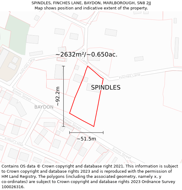 SPINDLES, FINCHES LANE, BAYDON, MARLBOROUGH, SN8 2JJ: Plot and title map