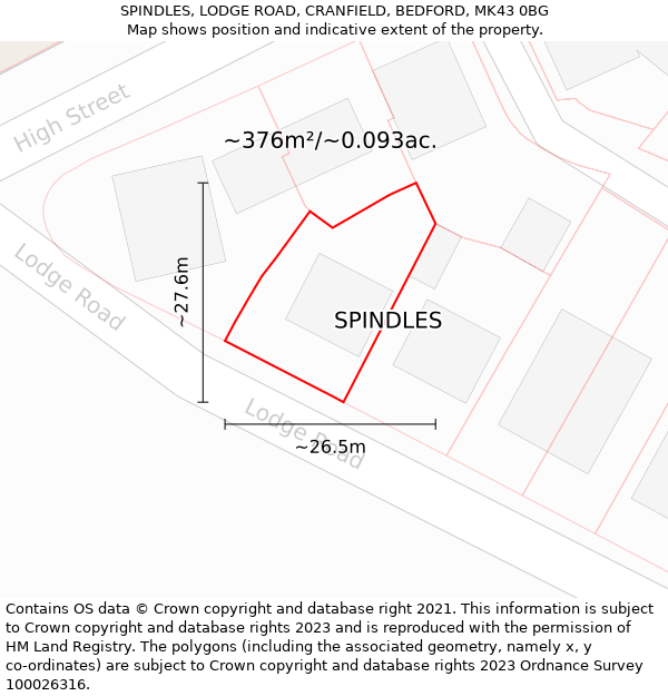 SPINDLES, LODGE ROAD, CRANFIELD, BEDFORD, MK43 0BG: Plot and title map