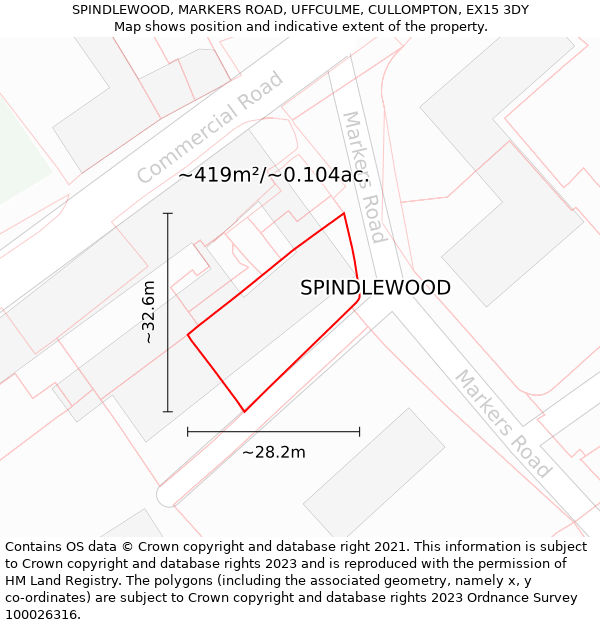 SPINDLEWOOD, MARKERS ROAD, UFFCULME, CULLOMPTON, EX15 3DY: Plot and title map