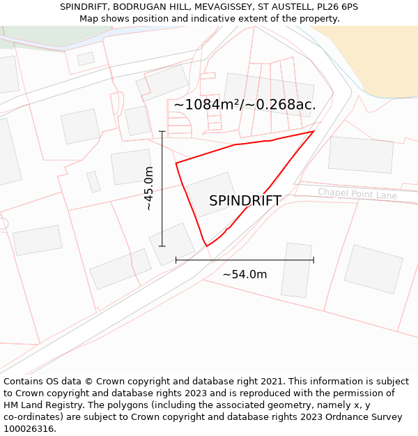 SPINDRIFT, BODRUGAN HILL, MEVAGISSEY, ST AUSTELL, PL26 6PS: Plot and title map