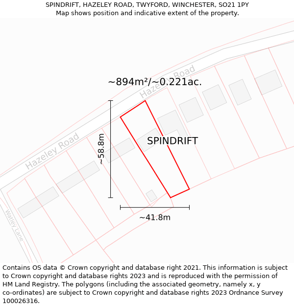 SPINDRIFT, HAZELEY ROAD, TWYFORD, WINCHESTER, SO21 1PY: Plot and title map