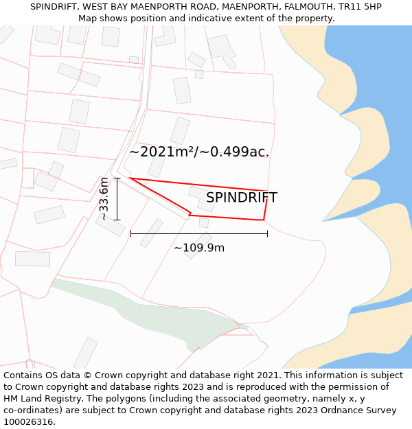 SPINDRIFT, WEST BAY MAENPORTH ROAD, MAENPORTH, FALMOUTH, TR11 5HP: Plot and title map