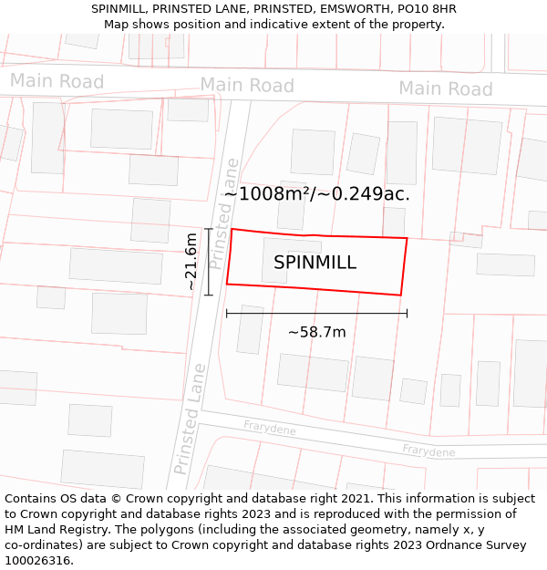 SPINMILL, PRINSTED LANE, PRINSTED, EMSWORTH, PO10 8HR: Plot and title map