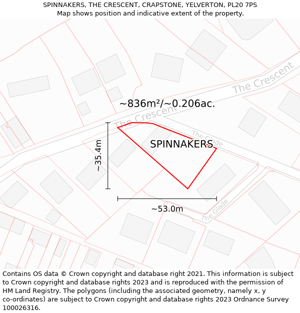 SPINNAKERS, THE CRESCENT, CRAPSTONE, YELVERTON, PL20 7PS: Plot and title map