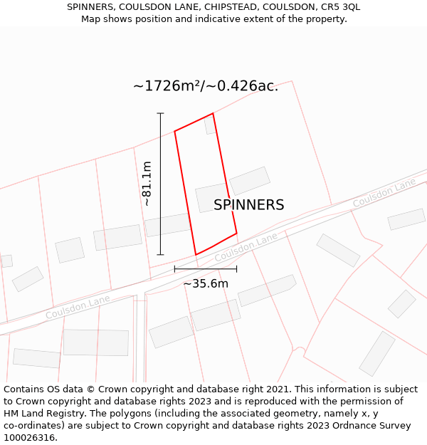 SPINNERS, COULSDON LANE, CHIPSTEAD, COULSDON, CR5 3QL: Plot and title map