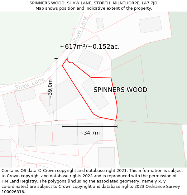SPINNERS WOOD, SHAW LANE, STORTH, MILNTHORPE, LA7 7JD: Plot and title map
