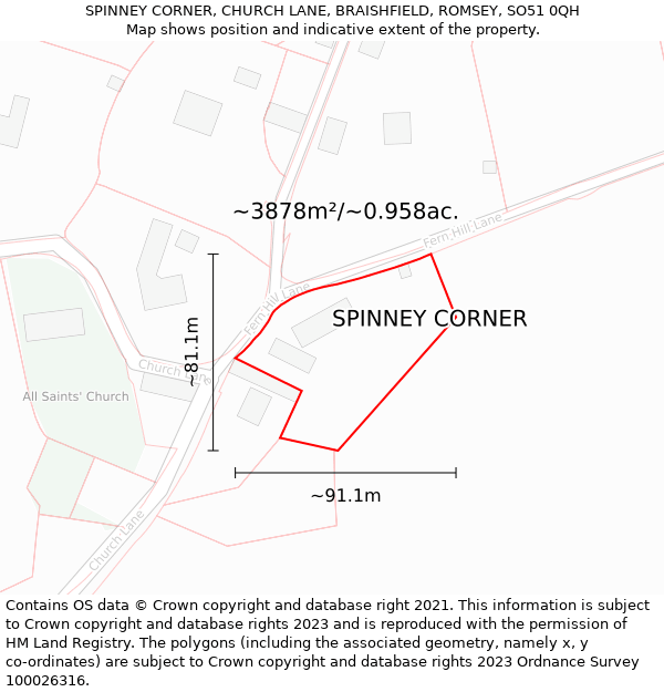 SPINNEY CORNER, CHURCH LANE, BRAISHFIELD, ROMSEY, SO51 0QH: Plot and title map
