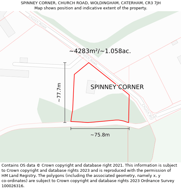 SPINNEY CORNER, CHURCH ROAD, WOLDINGHAM, CATERHAM, CR3 7JH: Plot and title map
