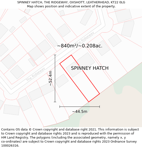 SPINNEY HATCH, THE RIDGEWAY, OXSHOTT, LEATHERHEAD, KT22 0LG: Plot and title map