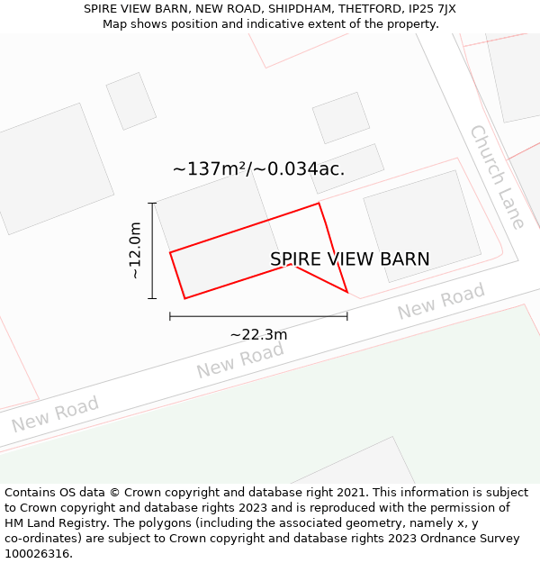 SPIRE VIEW BARN, NEW ROAD, SHIPDHAM, THETFORD, IP25 7JX: Plot and title map