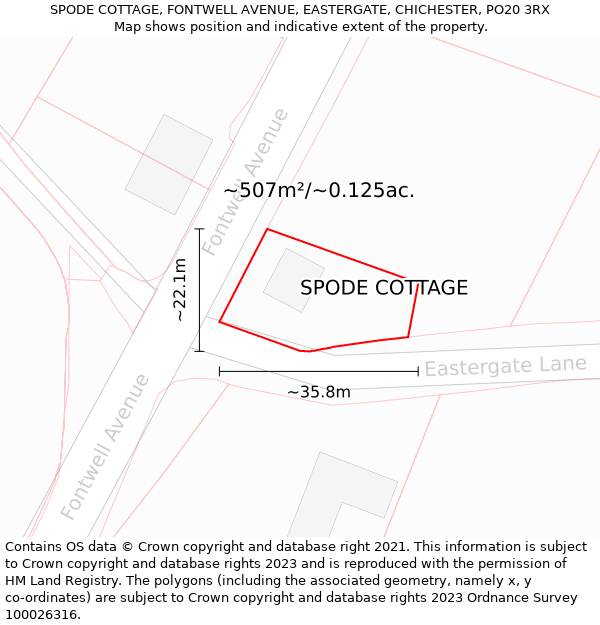 SPODE COTTAGE, FONTWELL AVENUE, EASTERGATE, CHICHESTER, PO20 3RX: Plot and title map