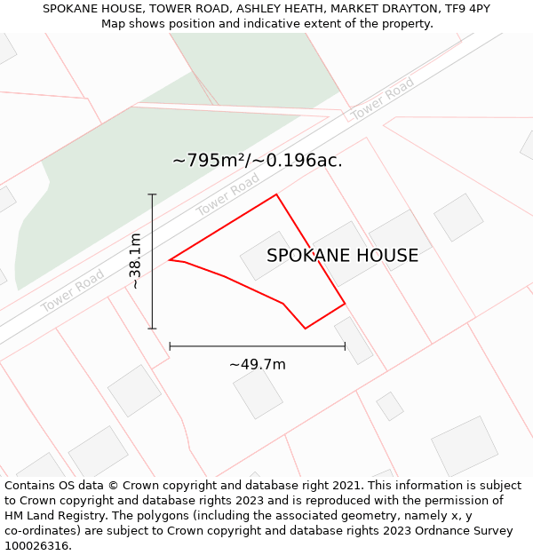 SPOKANE HOUSE, TOWER ROAD, ASHLEY HEATH, MARKET DRAYTON, TF9 4PY: Plot and title map