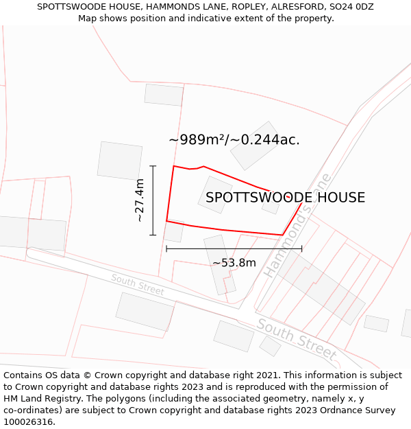 SPOTTSWOODE HOUSE, HAMMONDS LANE, ROPLEY, ALRESFORD, SO24 0DZ: Plot and title map