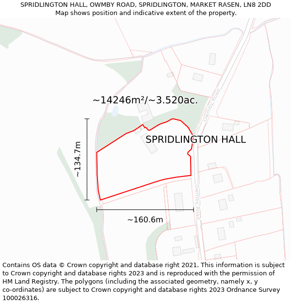 SPRIDLINGTON HALL, OWMBY ROAD, SPRIDLINGTON, MARKET RASEN, LN8 2DD: Plot and title map