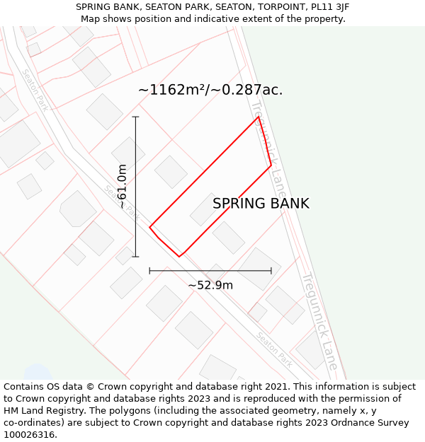 SPRING BANK, SEATON PARK, SEATON, TORPOINT, PL11 3JF: Plot and title map