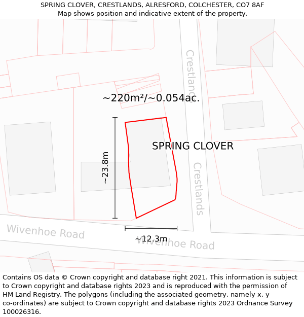 SPRING CLOVER, CRESTLANDS, ALRESFORD, COLCHESTER, CO7 8AF: Plot and title map