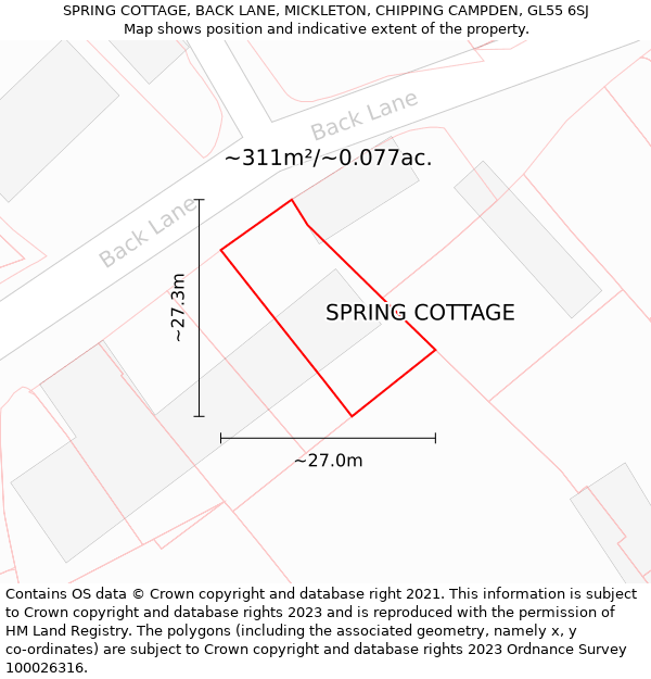 SPRING COTTAGE, BACK LANE, MICKLETON, CHIPPING CAMPDEN, GL55 6SJ: Plot and title map