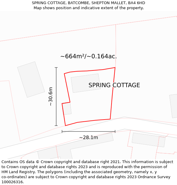 SPRING COTTAGE, BATCOMBE, SHEPTON MALLET, BA4 6HD: Plot and title map