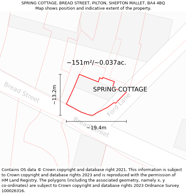 SPRING COTTAGE, BREAD STREET, PILTON, SHEPTON MALLET, BA4 4BQ: Plot and title map