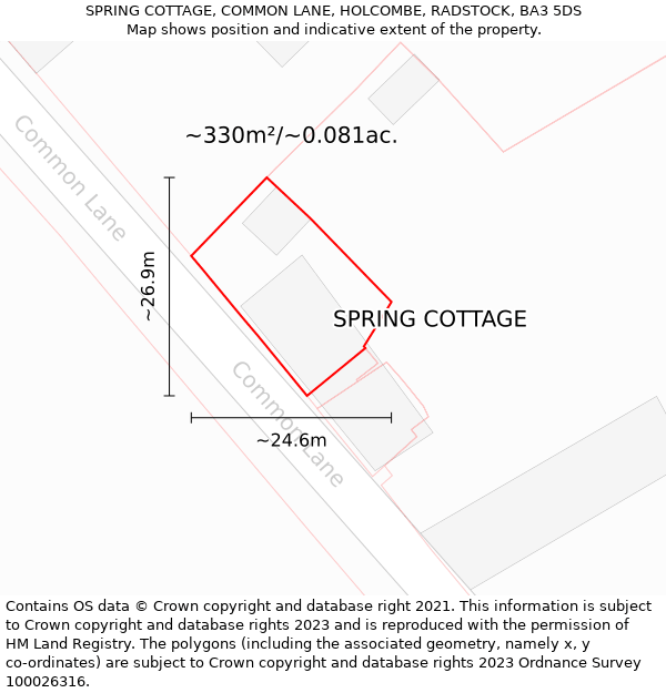 SPRING COTTAGE, COMMON LANE, HOLCOMBE, RADSTOCK, BA3 5DS: Plot and title map