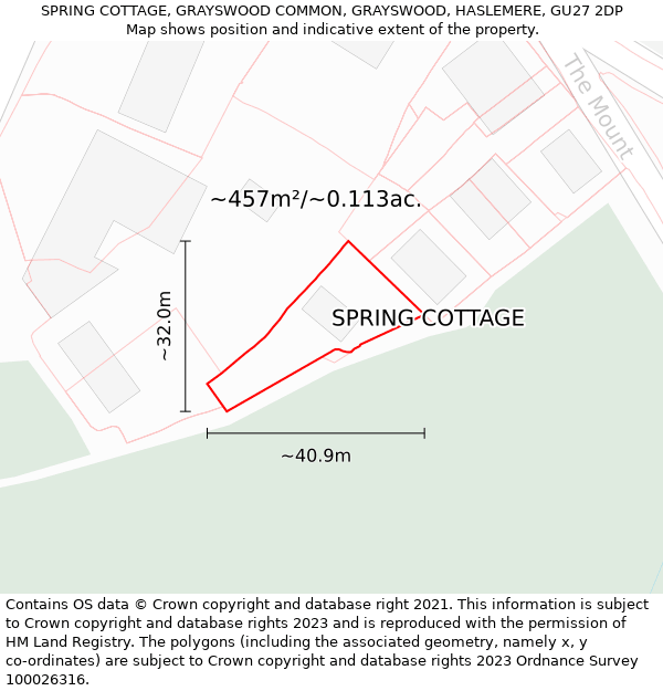 SPRING COTTAGE, GRAYSWOOD COMMON, GRAYSWOOD, HASLEMERE, GU27 2DP: Plot and title map