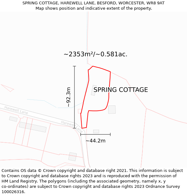 SPRING COTTAGE, HAREWELL LANE, BESFORD, WORCESTER, WR8 9AT: Plot and title map