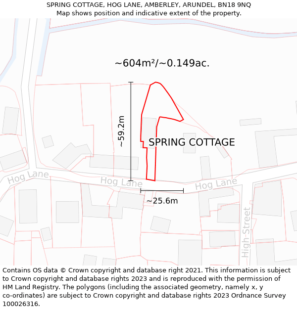 SPRING COTTAGE, HOG LANE, AMBERLEY, ARUNDEL, BN18 9NQ: Plot and title map