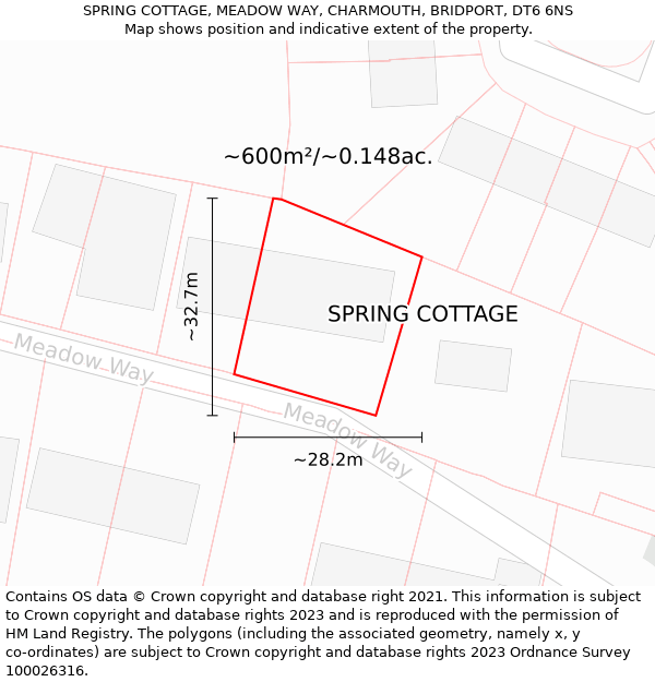 SPRING COTTAGE, MEADOW WAY, CHARMOUTH, BRIDPORT, DT6 6NS: Plot and title map