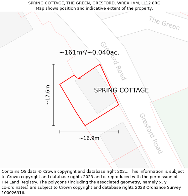 SPRING COTTAGE, THE GREEN, GRESFORD, WREXHAM, LL12 8RG: Plot and title map