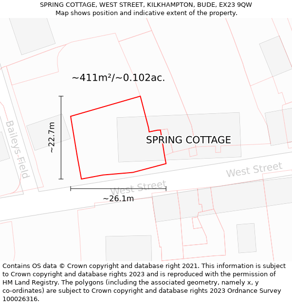 SPRING COTTAGE, WEST STREET, KILKHAMPTON, BUDE, EX23 9QW: Plot and title map