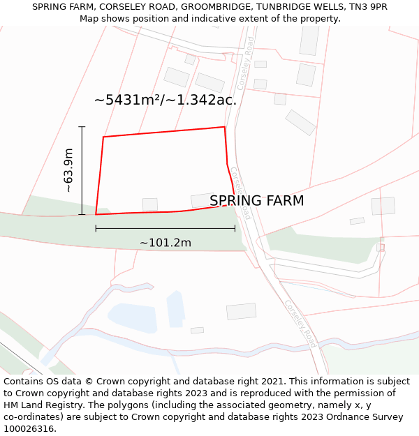 SPRING FARM, CORSELEY ROAD, GROOMBRIDGE, TUNBRIDGE WELLS, TN3 9PR: Plot and title map