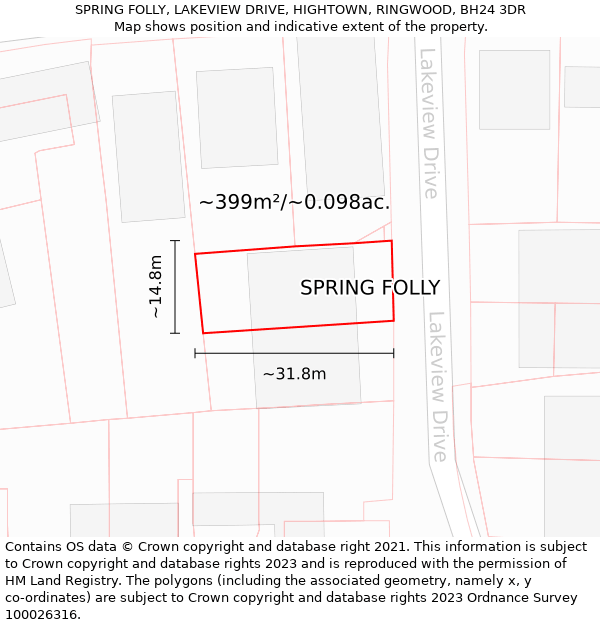 SPRING FOLLY, LAKEVIEW DRIVE, HIGHTOWN, RINGWOOD, BH24 3DR: Plot and title map