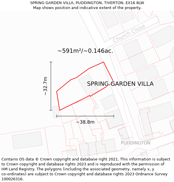 SPRING GARDEN VILLA, PUDDINGTON, TIVERTON, EX16 8LW: Plot and title map