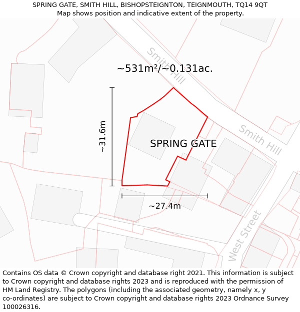 SPRING GATE, SMITH HILL, BISHOPSTEIGNTON, TEIGNMOUTH, TQ14 9QT: Plot and title map