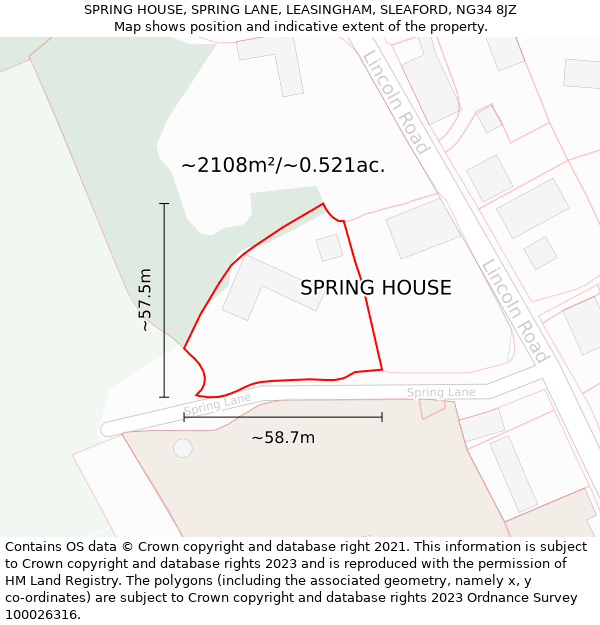 SPRING HOUSE, SPRING LANE, LEASINGHAM, SLEAFORD, NG34 8JZ: Plot and title map