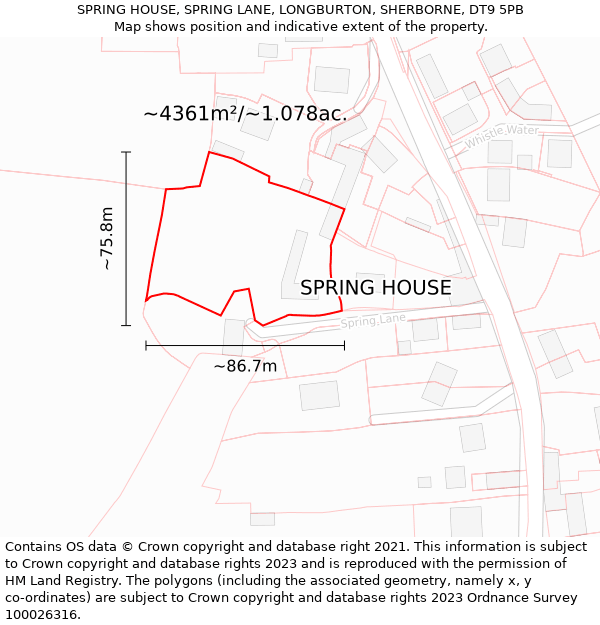 SPRING HOUSE, SPRING LANE, LONGBURTON, SHERBORNE, DT9 5PB: Plot and title map