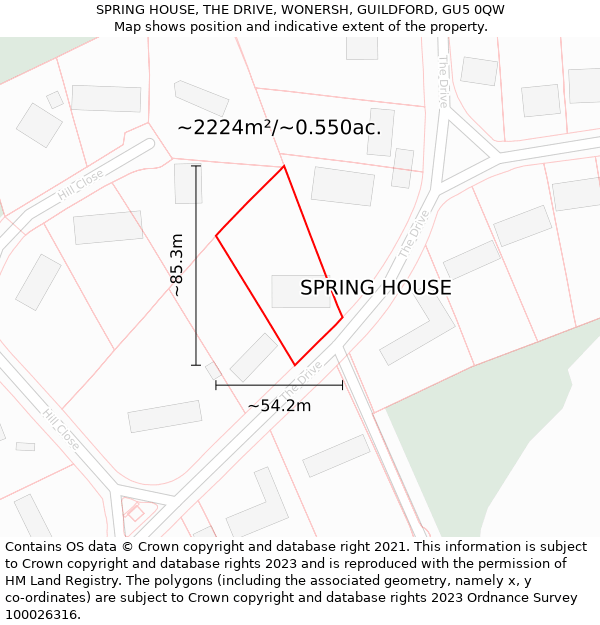 SPRING HOUSE, THE DRIVE, WONERSH, GUILDFORD, GU5 0QW: Plot and title map