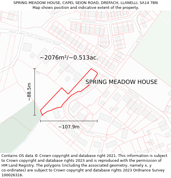 SPRING MEADOW HOUSE, CAPEL SEION ROAD, DREFACH, LLANELLI, SA14 7BN: Plot and title map