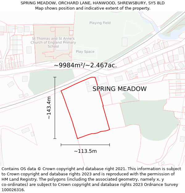 SPRING MEADOW, ORCHARD LANE, HANWOOD, SHREWSBURY, SY5 8LD: Plot and title map