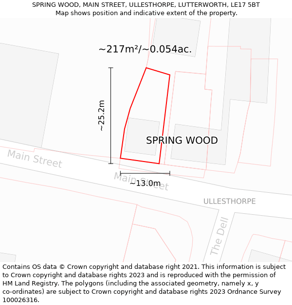 SPRING WOOD, MAIN STREET, ULLESTHORPE, LUTTERWORTH, LE17 5BT: Plot and title map