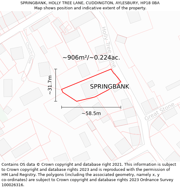 SPRINGBANK, HOLLY TREE LANE, CUDDINGTON, AYLESBURY, HP18 0BA: Plot and title map